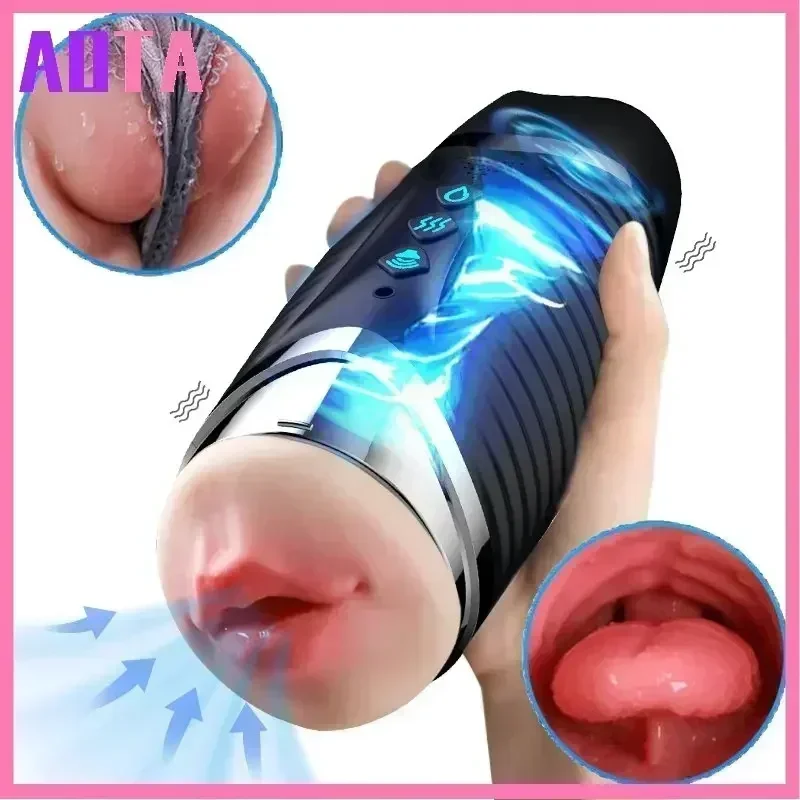 Automatic Heating Vibrating Male Masturbator Realistic Vagina Mouth Oral Blowjob Dual Channel Pocket Pussy Men Masturbation Cup