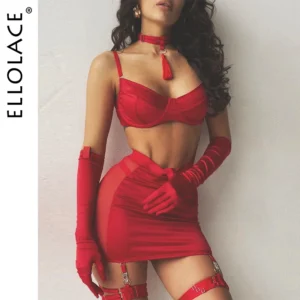 Ellolace Fine Satin Lingerie Sexy Underwear Lace 5-Piece Sissy Seamless Intimate Uncensored Skirt Fancy Bra And Panty Outfits