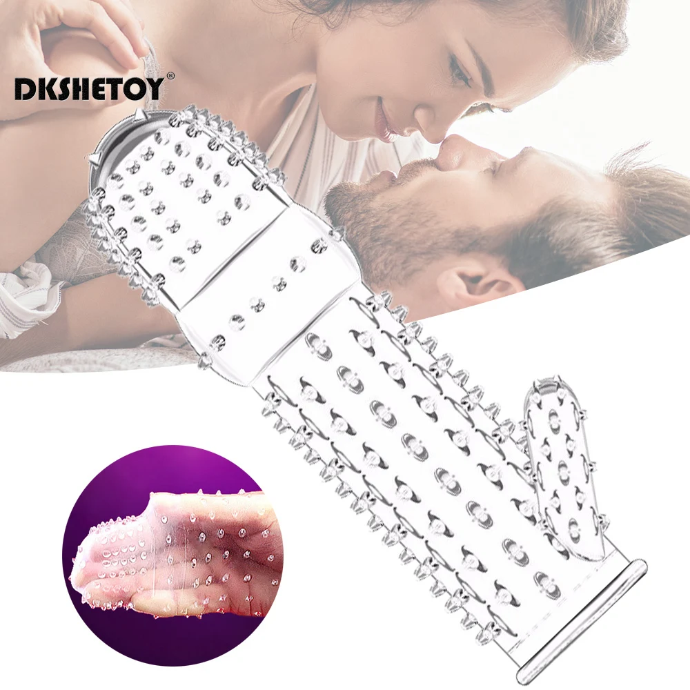 Extension Reusable Condom Penis Sleeve Male Enlargement Time Delay Spike Clit Massager Cover Crystal Clear Condoms Adult Sex Toy